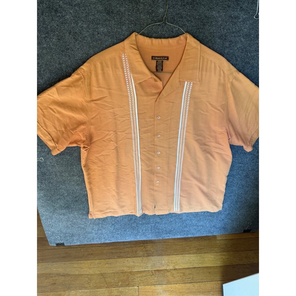 Cubavera Mens 2X/2XT Guayabera Shirt in ORANGEwith Embroidered Panels Short Slee
